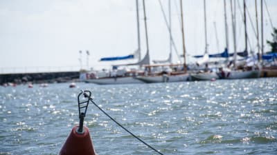 En livboj i havet med segelbåtar som bakgrund.