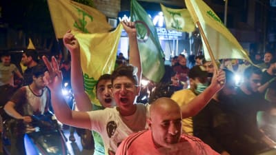 Hizbollahanhängare med glada miner och flaggor.