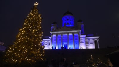 Helsingfors domkyrka lyser blått.