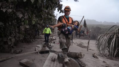 En man bär ett barn udner räddningsoperationen efter vulkanutbrott i juni 2018. 