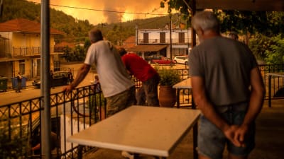 Tre män står på en balkong och tittar på en skogsbrand i bakgrunden.