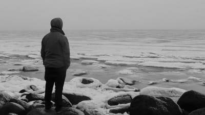 person står vid stranden och tittar ut över isen