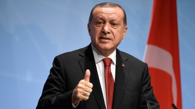 Recep Tayyip Erdogan håller tal framför en Turkiet-flagga.