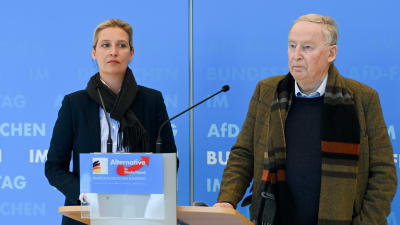 Alice Weidel och Alexander Gauland står bakom ett mikrofonpodium på en presskonferens.
