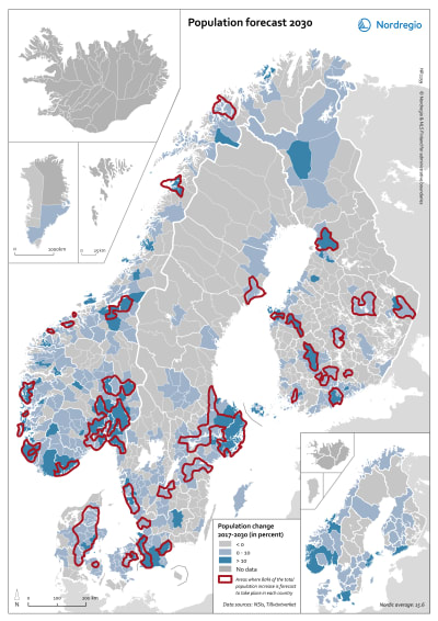 Karta över befolkningsutvecklingen i Norden 2017-2030.