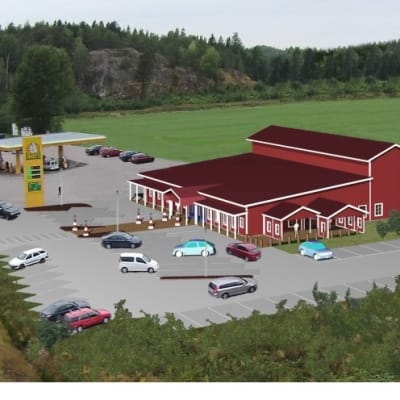 Ett bildmontage som föreställer Pickala nya ABC-bränslestatione i Sjundeå. Röd byggnad med vita knutar. Från detaljplansutkastet hösten 2014.