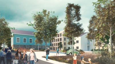 Illustration av hur det nya kvarteret i ändan av Lundagatan i Borgå kan komma att se ut. 