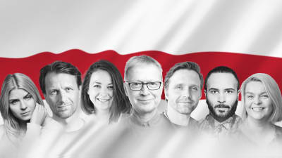 Svartvita foton av sju skådespelare framför Belarus rödvita flagga i bakgrunden.