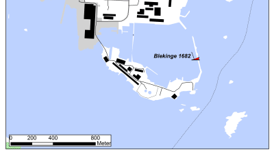 En modern karta som pekar ut var vraket Blekinge hittats i Karlskrona örlogshamn i Sverige.