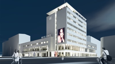 En ritad bild på TOK:s visioner på hur varuhuset Wiklund ska se ut i framtiden, med takterass och flera hotellrum.