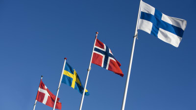 Danmarks, Sveriges, Norges och Finlands flagga i rad.