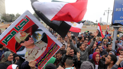 Endast regeringsanhängare tilläts delta i demonstrationen på Tahrirtorget inför 5 årsdagen av massprotesterna mot president Hosni Mubarak den 25 februari.