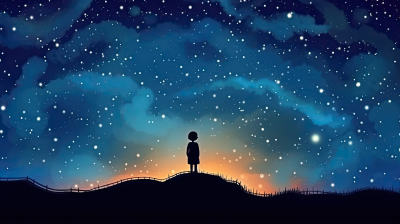 Ett barn som tittar upp mot stjärnhimlen.