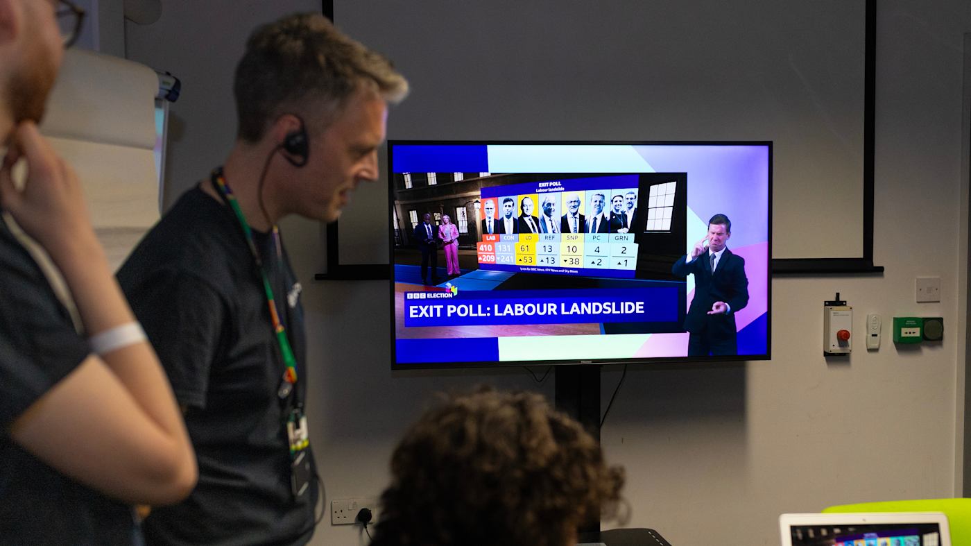 Some men follow Election Night on TV.