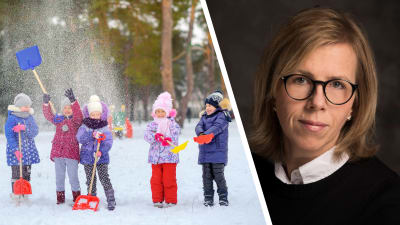 Bildmontage av två bilder. Till vänster syns barn som leker ute i snön. Till höger syns en kvinna som tittar in i kameran. Hon bär glasögon, en svart tröja och en vit skjorta där under.