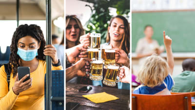 Collage av tre bilder. Till vänster en kvinna i munskydd som åker kollektivtrafik. I mitten två kvinnor som skålar på en restaurang och dricker öl. Till höger ett barn som markerar i en skolklass.