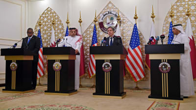 USA:s utrikesminister Antony Blinken och försvarsminister Lloyd Austin håller presskonferens i Qatar och tackar landet för medlingshjälp i Afghanistan.