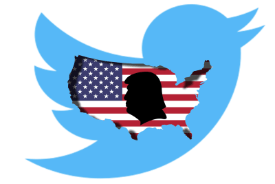 En symbolisk bild på Donald Trumps silhuett inom den amerikanska flaggan som ligger inuti Twitter-fågeln.