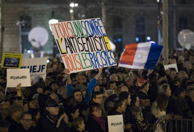 Demonstrationer mot antisemitism hölls på olika håll i Frankrike den 19 februari 2019. Bilden är från Place de la Republique i huvudstaden Paris.