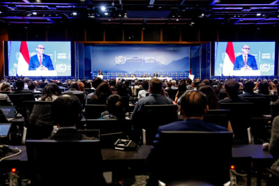 Konferenslokal full med folk och FN:s logga för klimatkonferensen på skärmarna.