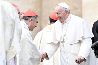 Påve Franciskus skakar hand med en kardinal. Några andra kardinaler syns i närheten. Påven ler brett.