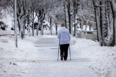 En person som stavgår i ett snöigt landskap.
