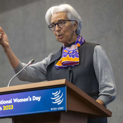 Europeiska centralbankens (ECB) chef Christine Lagarde talar under evenemanget "Internationella kvinnodagen 2023 