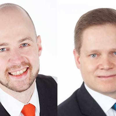 Keskustan kansanedustajat Mikko Kärnä ja Markus Lohi