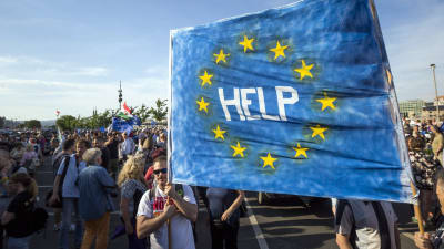 Motståndare till Ungerns EU-fientliga premiärminister Viktor Orbán ber EU om hjälp på en demonstration i Budapest.
