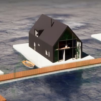 Skiss av tre grå flytande hus vid en brygga.