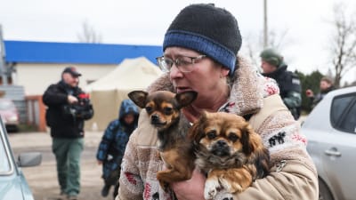 En kvinna i beige jacka och svart mössa håller två små bruna hundar i famnen. I bakgrunden syns föera människor och ett tält.