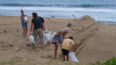 Människor fyller påsar med sand för att förbereda sig för orkanen Douglas