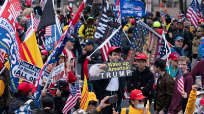 Trumpanhängare på freedom plaza-torget i Washington.