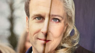 Emmanuel Macronin ja Marine Le Penin kasvot lomittuvat taitetussa vaaliesitteessä.