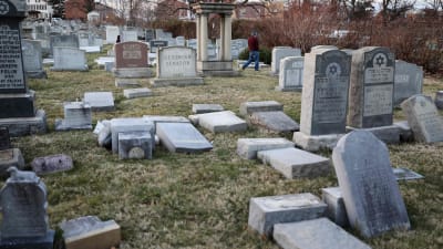 Vandaliserade gravstenar på den judiska begravningsplatsen Mount Carmel i Philadelphia 26.2.2017