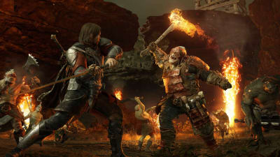 Bild från spelet Shadow of War där två krigare möts på slagfältet