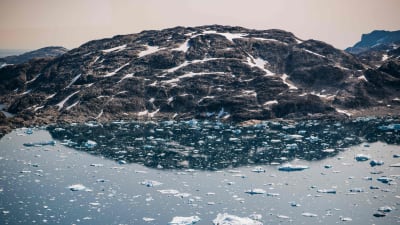Isflak eller isberg i havet framför en delvis snötäckt klippa eller ett berg. Östra Grönland den 15 augusti 2019.