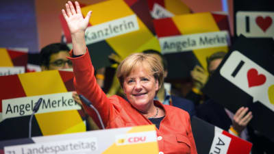 Tysklands förbundskansler Angela Merkel talade i den tyska staden Reutlingen den 9 september 2017.