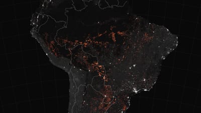 Satellitbild över Brasilien. Regnskog som brinner ses i orange.