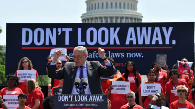 Demokratledaren Chuck Schumer talar för strängare vapenlagar i Washington DC den 8 juni 2022.