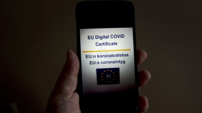 Mobiltelefon med EU:s coronaintyg på skärmen. Intyget kan laddas ner i mobilen från webbplatsen kanta.fi.