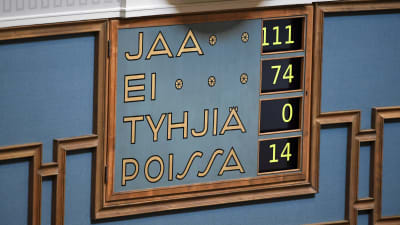 Rösttavlan i plenisalen med rösterna 11-74. 