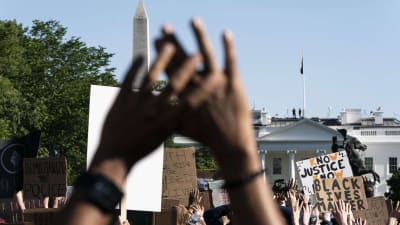 Demonstranter höjer sina händer mot skyn under en demonstration i Washington DC. Demonstranterna protesterar mot polisbrutalitet efter dödandet av George Floyd. 