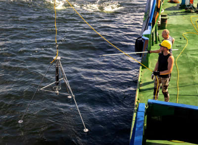 Instrumentet Mesotech Scanning Sonar firas ner i vattnet under dykningarna vid M/S Estonias vrak.