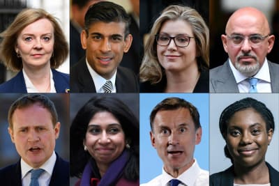 Åtta bilder, ett porträtt av varje person som vill efterträda Boris Johnson.