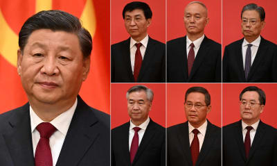 Partiets generalsekreterare Xi Jinping och de övriga sex medlemmarna av det ständiga utskottet: Wang Huning, Cai Qi, Zhao Leji, Li Xi, Li Qiang och Ding Xuexiang. 
