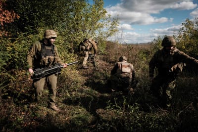 Soldater bär vapen i ett skogsbryn.