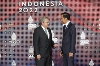 FN:s generalsekreterare António Guterres träffade Indonesiens president Joko Widodo när han anlände till G20-ledarnas toppmöte på den indonesiska semesterön Bali