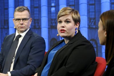 Ilta-Sanomats partiledardebatt 10.1.2023: Från väntster Samlingsapartiets ordförande Petteri Orpo, Centerns ordförande Annika Saarikko och Vänsterförbundets ordförande Li Andersson.