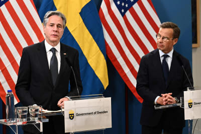 USA:s utrikesminister Antony Blinken och Sveriges statsminister Ulf Kritersson på pressträff i Luleå 30.5.2023.